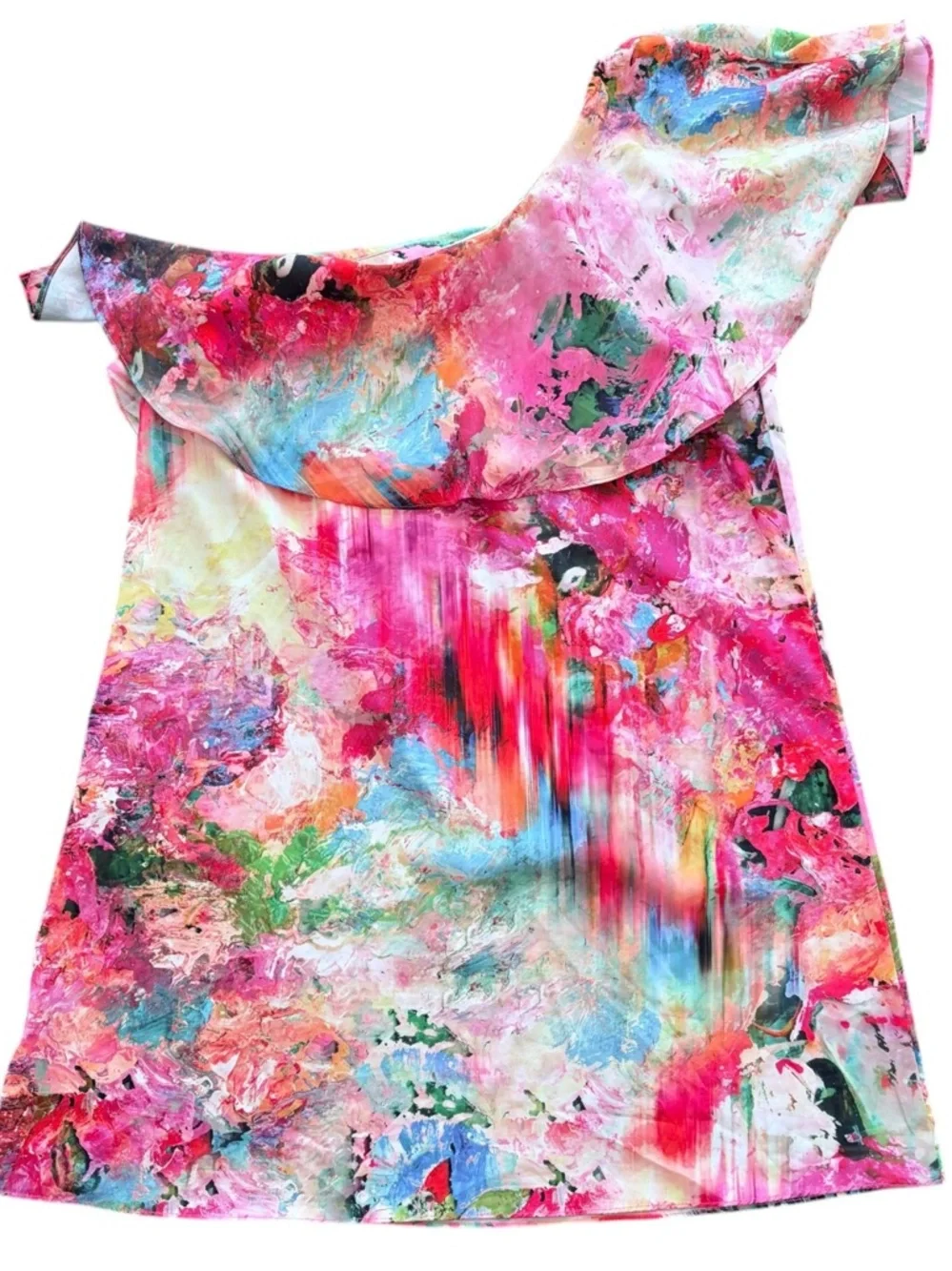 Amanda Uprichard One Shoulder Ruffle Abstract Print Dress Size M